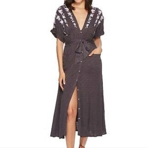 Free People Midi Dress with Floral Embroidery and Patch Pockets